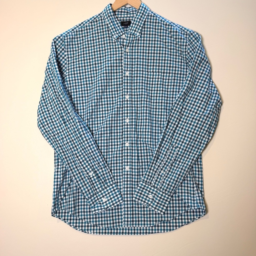 J.Crew Mens Large Teal Navy Gingham Button Down Shirt Long Sleeve Preppy Classic